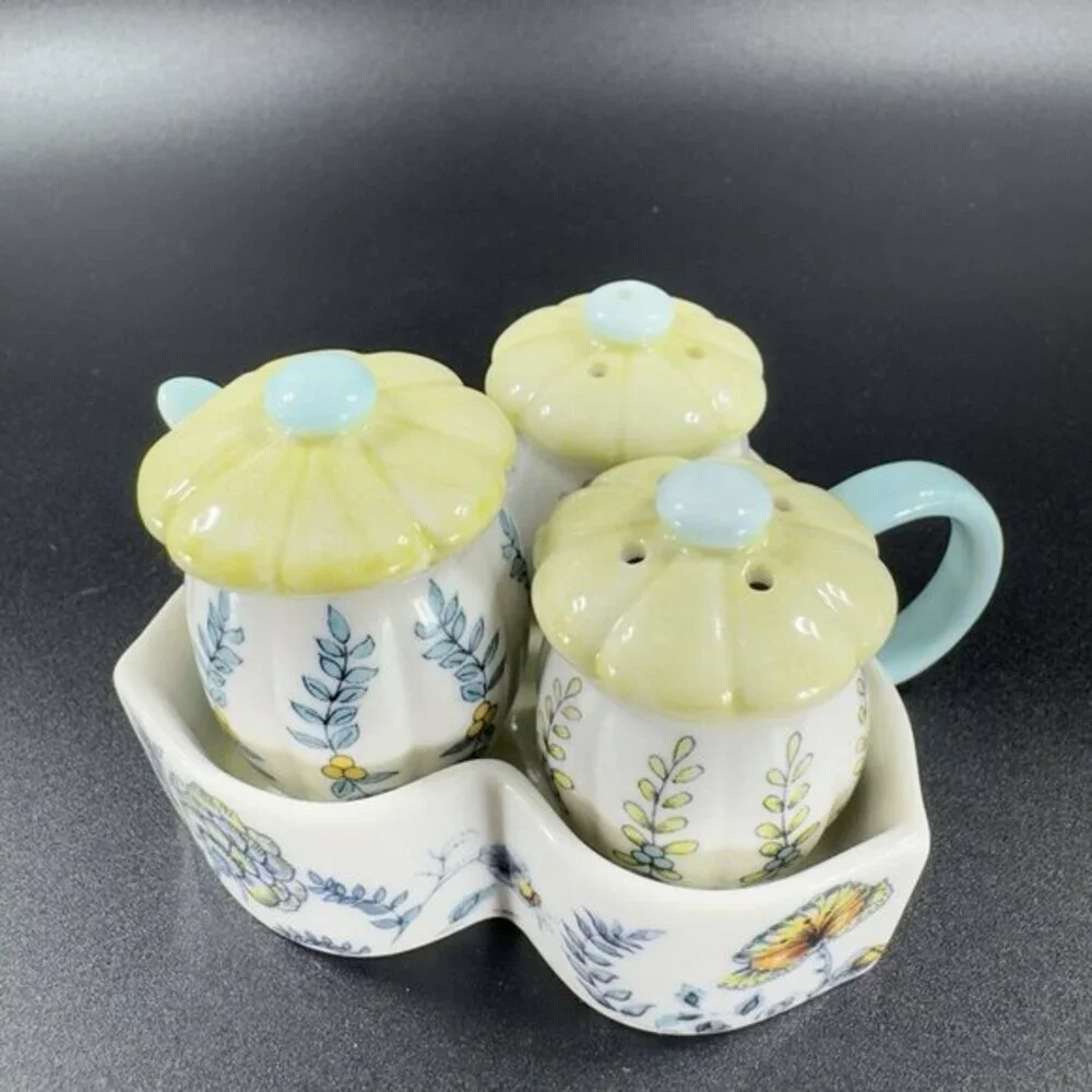 Anthropologie Ceramic Salt And‎ Pepper Covered Mustard Pot and Spoon on Tray VTG